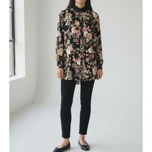 hazel Womens XL Black Floral Print Long Sleeve Button Up Shirt‎ Tunic Cottage